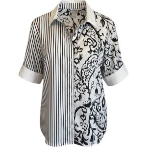 Chicos Mixed Print Button Down Shirt Black White Striped Paisley Size 3 XL 16/18